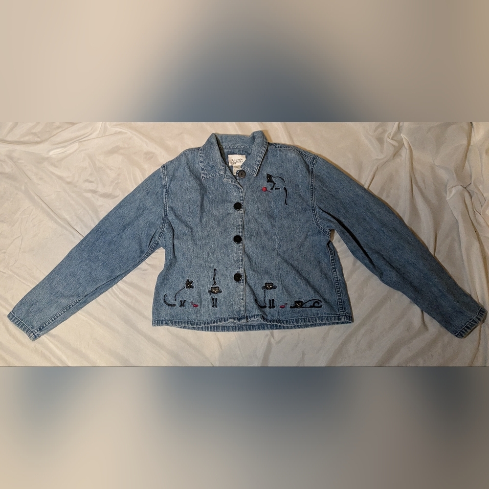 VTG Christopher & Banks Women's Denim Jacket With Cats & Mice‎ Size Medium
